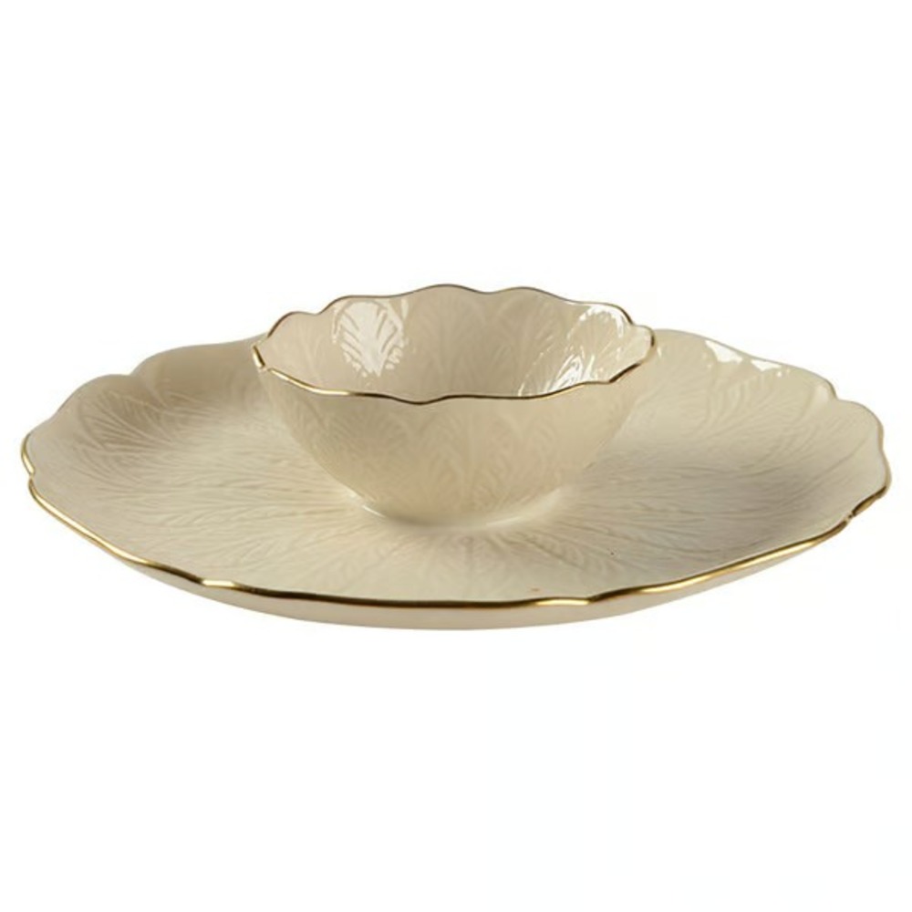 LENOX Greenfield Collection Chip & Dip Gold Trim 10.5" Plate 4.5" Attached Bowl